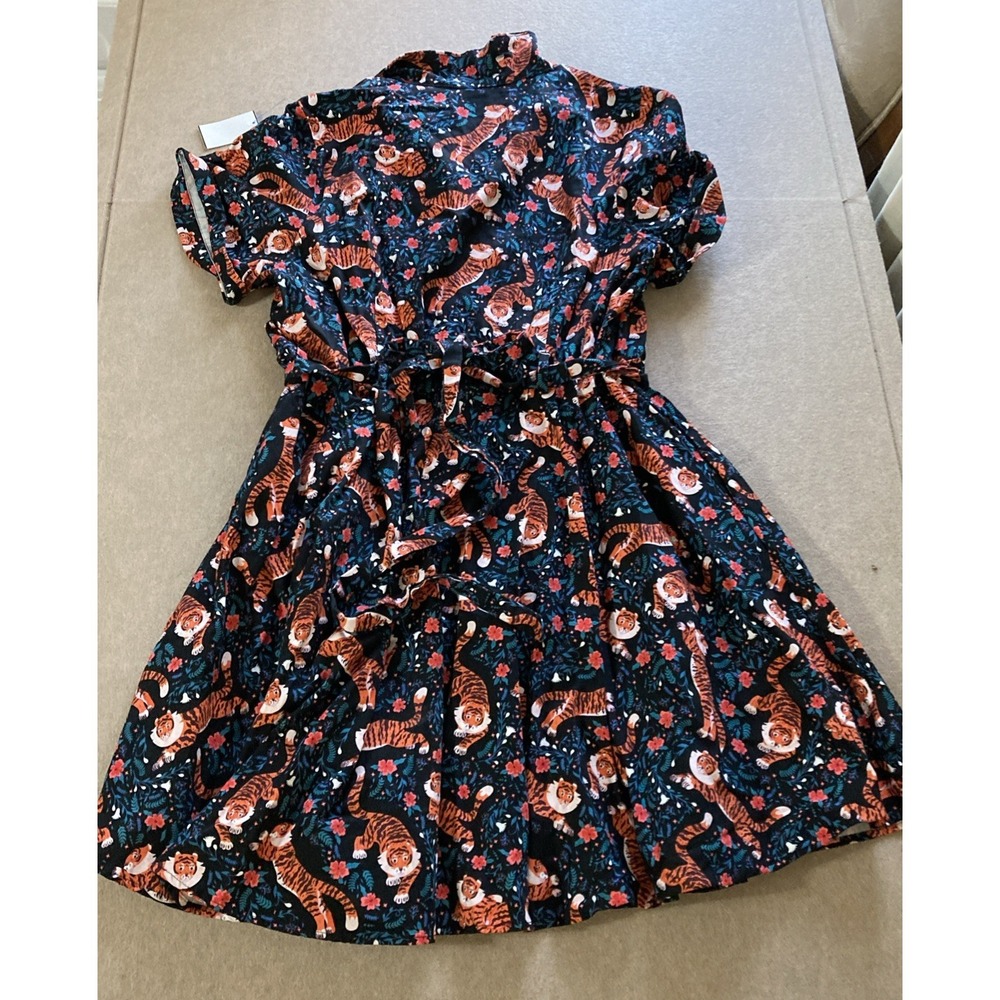 Eva Rose Fit & Flare Dress Sz 3X Vtg Tiger Graphic Floral Belted Retro Pinup - Picture 9 of 9